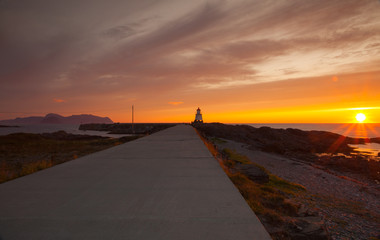 Old lighthouse in Laukvik at sunset,Norway