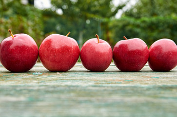 Five red juicy apples on wooden green brown aged texture background close up. Apples on blurred nature background. Side view