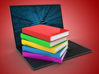 3d laptop computer and books