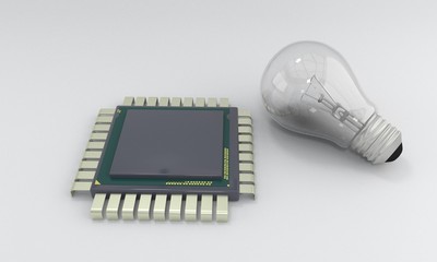 CPU and bulb of background, 3d