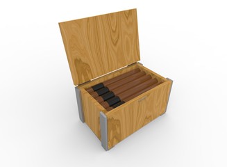 3d illustration of box with cigars. white background isolated. icon for game web.