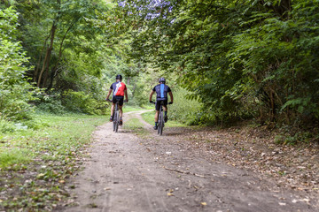 Obraz premium people ride a bicycle through the forest