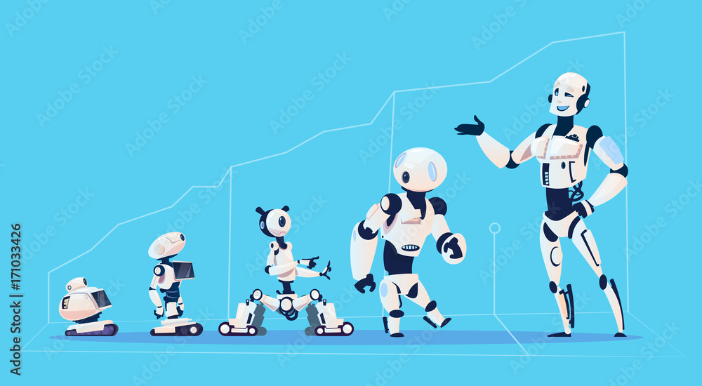 Poster modern robots group, futuristic artificial intelligence mechanism technology flat vector illustratio