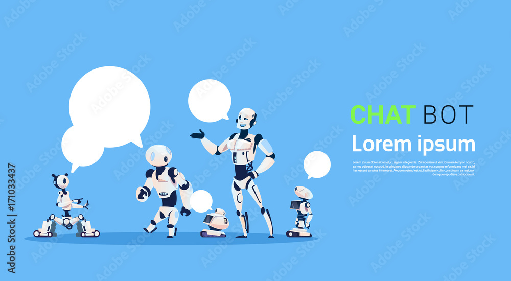 Poster chat bot group, robots virtual assistance element of website or mobile applications, artificial inte