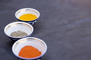 Top view of bowls with spices