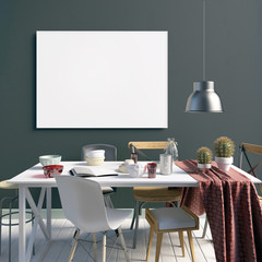 Mock up poster in interior with dining area. living room modern style. 3d illustration