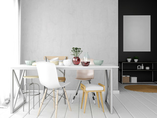 Mock up wall in interior with dining area. living room modern style. 3d illustration