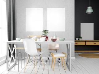 Mock up poster in interior with dining area. living room modern style. 3d illustration