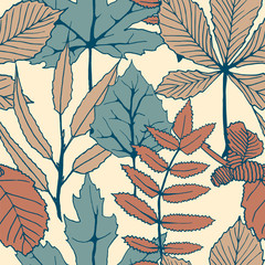 seamless vector colorful autumn pattern with hand drawn tree leaves. autumn design for covers, packaging, printing