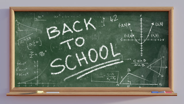 3D render of a blackboard Back to school writing and mathematical scribbles