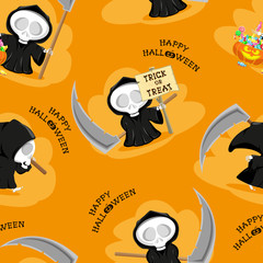 Seamless background. Funny little death in different poses with a large scythe, pumpkin, candy and title Happy Halloween isolated on orange background. Cartoon style. Vector illustration