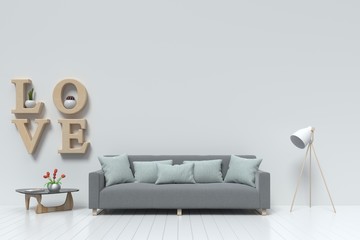 Room of love gray sofa on floor white .3D Rendering.