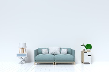 Empty living room with sofa, plants and cabinet on empty white wall background. 3D rendering.