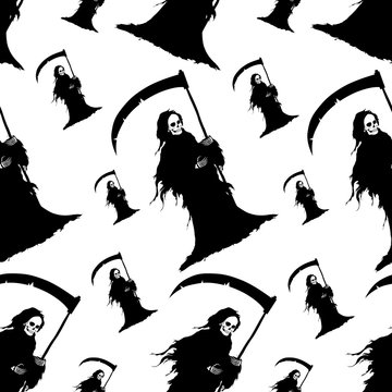 Seamless halloween background. The figure of death in a black shroud and scythe in hand. Design for Happy Halloween wrapping paper or wallpaper. Cartoon style. Doodles. Vector illustration.