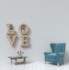 The interior has a sofa and shelf love on empty white wall background,3D rendering