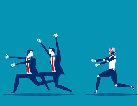 Robot chasing a people. Concept for technology, engineering, cumputer science and the risk and dangers of artificial intelligence.