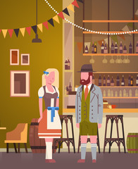 Couple In Pub Wearing Traditional Clothes Drink Beer In Bar Oktoberfest Party Celebration Man And Woman Fest Concept Flat Vector Illustration