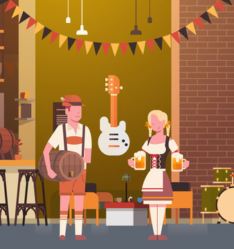 Couple In Pub Wearing Traditional Clothes Drink Beer In Bar Oktoberfest Party Celebration Man And Woman Fest Concept Flat Vector Illustration