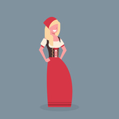 Woman Wearing Traditional German Clothes Oktoberfest Waitress Beer Fest Concept Flat Vector Illustration
