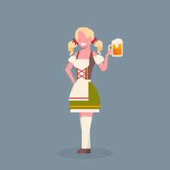 Woman Hold Beer Mug Wearing Traditional German Clothes Oktoberfest Waitress Fest Concept Flat Vector Illustration