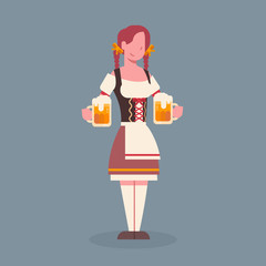 Woman Hold Beer Mug Wearing Traditional German Clothes Oktoberfest Waitress Fest Concept Flat Vector Illustration