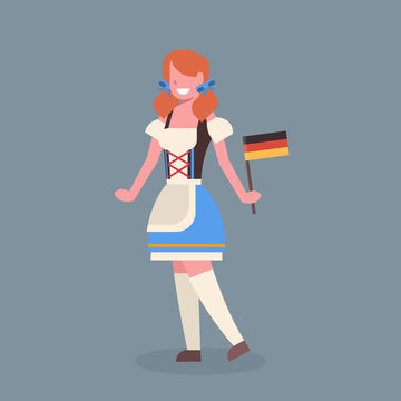 Woman Hold Germany Flag Wearing Traditional German Clothes Oktoberfest Waitress Beer Fest Concept Flat Vector Illustration