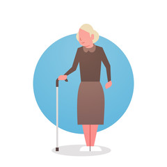 Senior Woman With Stick Grandmother Gray Hair Female Icon Full Length Lady Flat Vector Illustration