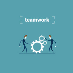 Two Businessman Holding Cog Wheel Teamwork Cooperation Concept Flat Vector Illustration