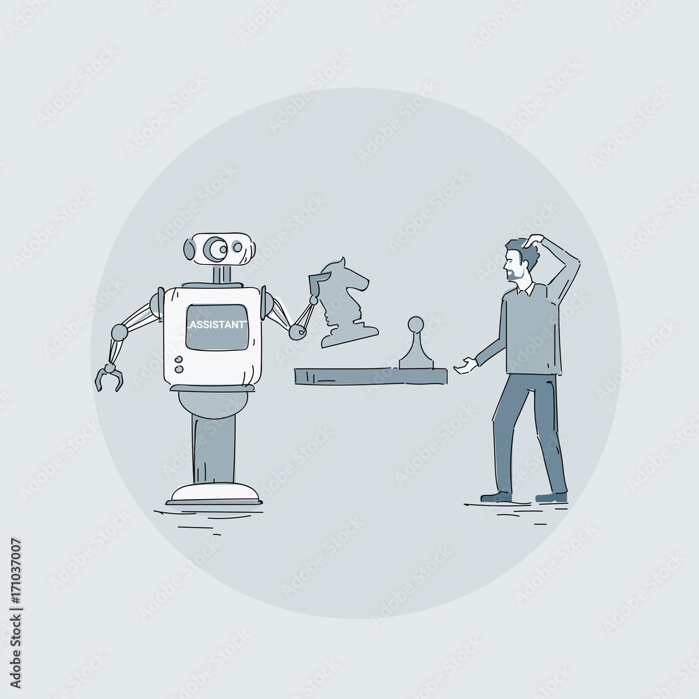 Aufkleber modern robot playing chess with man icon, futuristic artificial intelligence mechanism technology ve