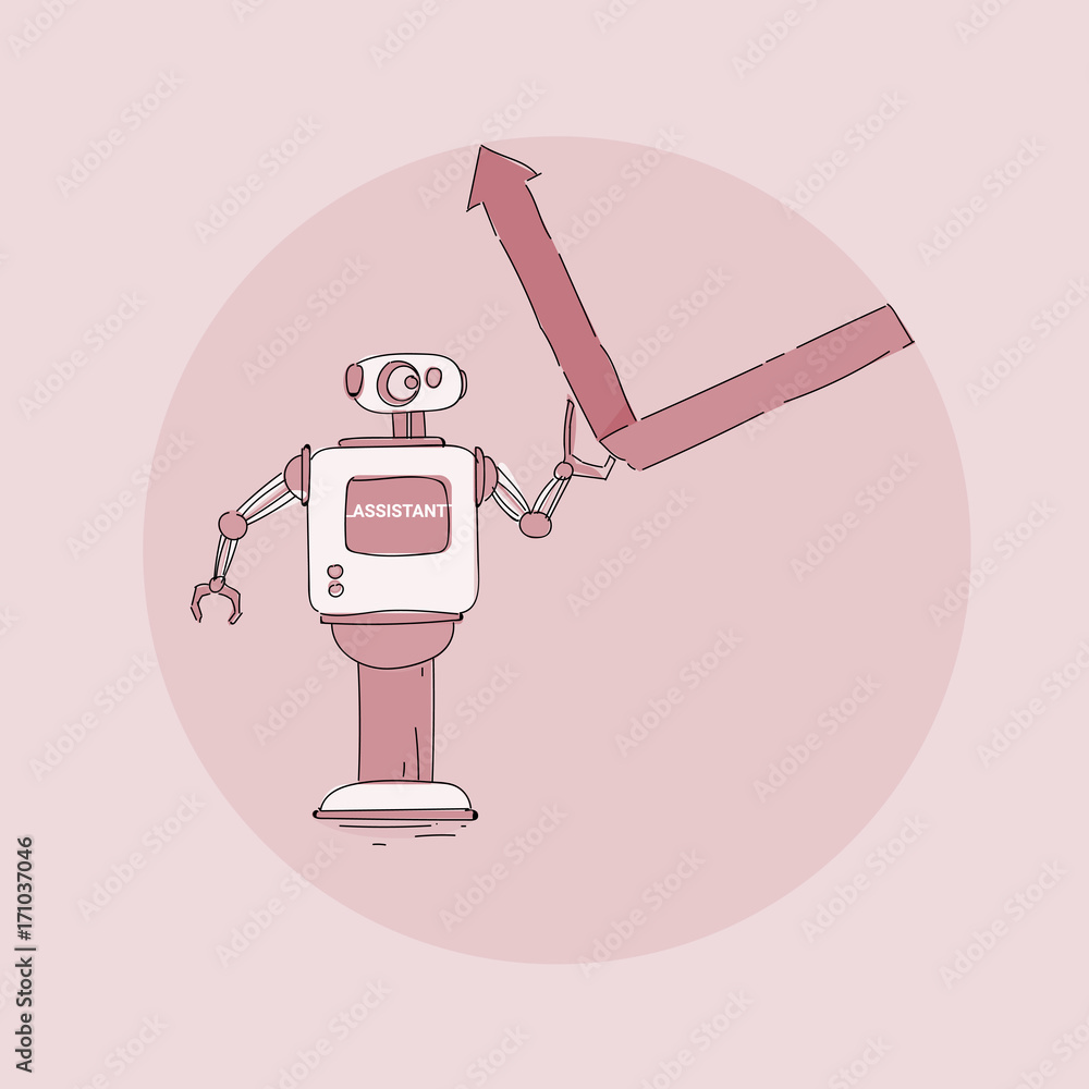 Poster modern robot putting financial graph arrow up icon, futuristic artificial intelligence mechanism tec
