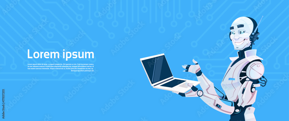 Poster modern robot using laptop computer, futuristic artificial intelligence mechanism technology flat vec