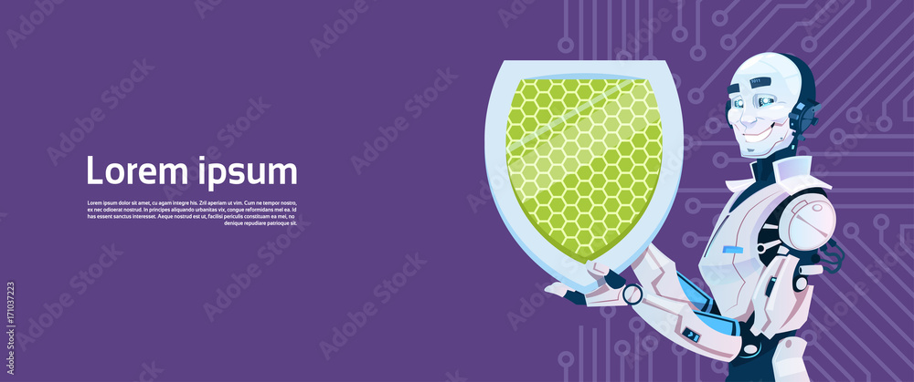 Poster modern robot hold shield data protection concept, futuristic artificial intelligence mechanism techn