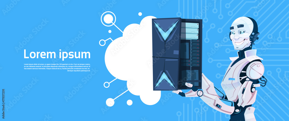 Poster modern robot hold cloud database server, futuristic artificial intelligence mechanism technology fla