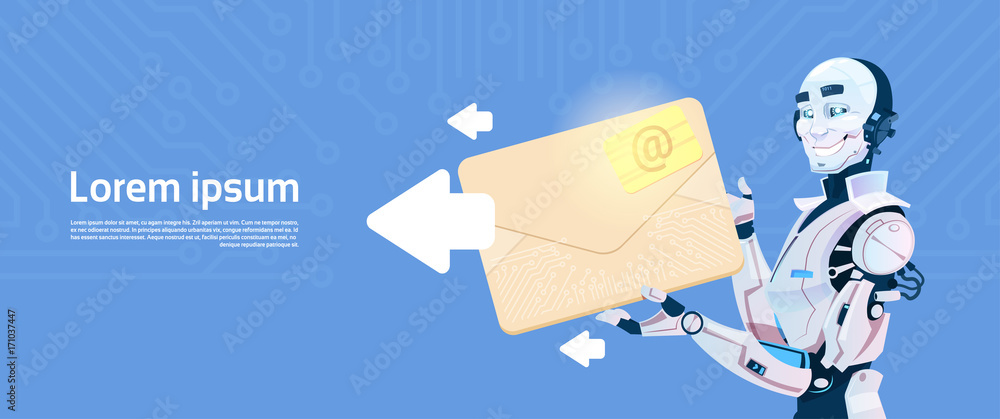Poster modern robot hold envelope sending email message, futuristic artificial intelligence mechanism techn