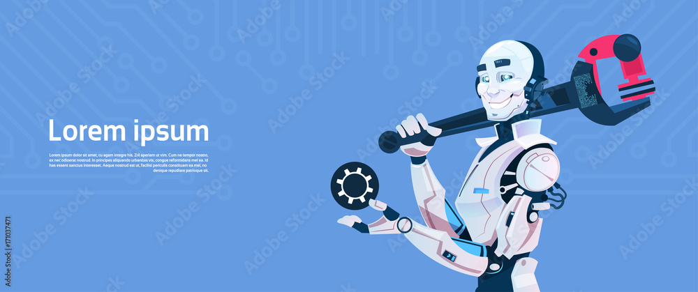 Aufkleber modern robot hold hold spanner wrench, futuristic artificial intelligence mechanism technology flat 