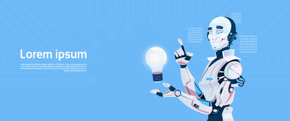 Modern Robot Hold Light Bulb, Futuristic Artificial Intelligence Mechanism Technology Flat Vector Illustration