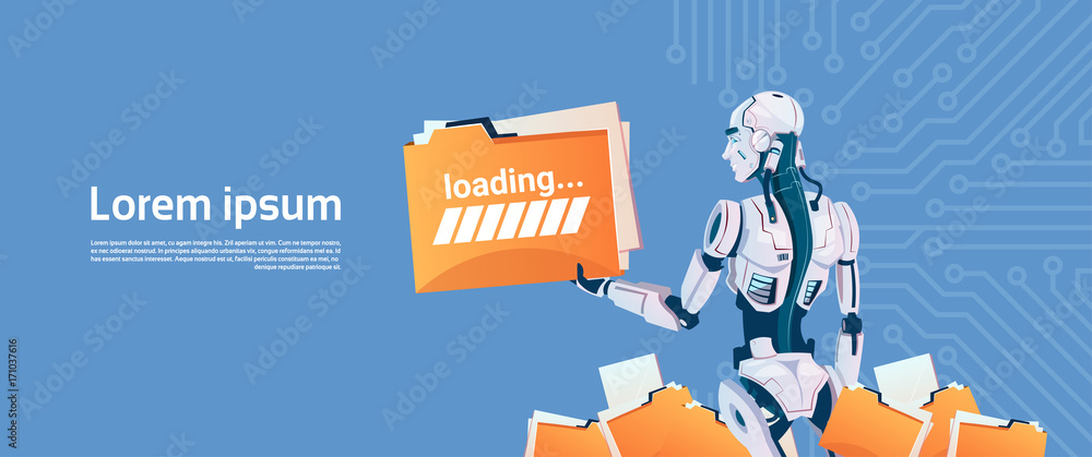 Poster modern robot hold loading file folder, futuristic artificial intelligence mechanism technology flat 