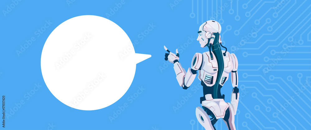 Poster modern robot with chat bubble, futuristic artificial intelligence mechanism technology flat vector i