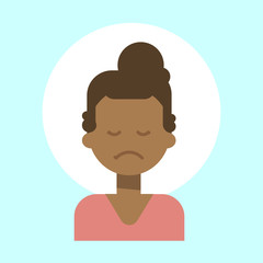 African American Female Sad Emotion Profile Icon, Woman Cartoon Portrait Face Vector Illustration