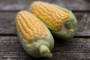 Yellow Sweet Corn cob on a patina wood surface