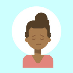 African American Female Sad Emotion Profile Icon, Woman Cartoon Portrait Face Vector Illustration