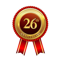 26 years anniversary golden badge with red ribbons isolated on white background, vector design for greeting card, banner and invitation card.