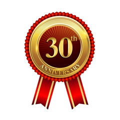 30 years anniversary golden badge with red ribbons isolated on white background, vector design for greeting card, banner and invitation card.