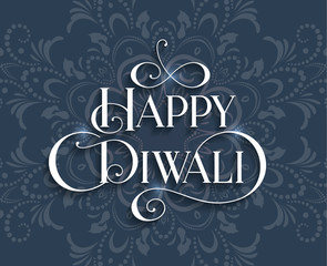 Happy Diwali. Handwritten modern brush black text, gold swirl, background. Beautiful lettering invitation card, greeting, prints, banner. Typographic inscription, calligraphic design vector
