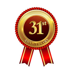 31st years anniversary golden badge with red ribbons isolated on white background, vector design for greeting card, banner and invitation card.