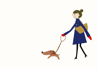 冬服の女性と犬　