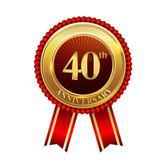 40 years anniversary golden badge with red ribbons isolated on white background, vector design for greeting card, banner and invitation card.