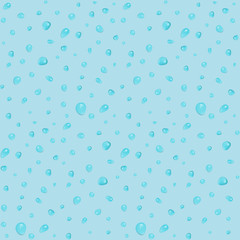 Fototapeta na wymiar Seamless pattern with small vector water drops on blue background. Waterdrops texture for textile, wrapping paper, beverage or cosmetic banner, cover, surface