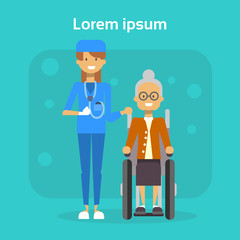 Medical Doctor With Senior Woman On Wheel Chair Happy Old Female Disabled Smiling Sit On Wheelchair Disability Concept Flat Vector Illustration
