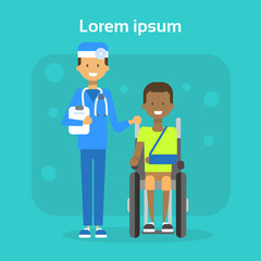 Obraz premium Medical Doctor With Young Man On Wheel Chair Happy African American Male Disabled Smiling Sit On Wheelchair Disability Concept Flat Vector Illustration